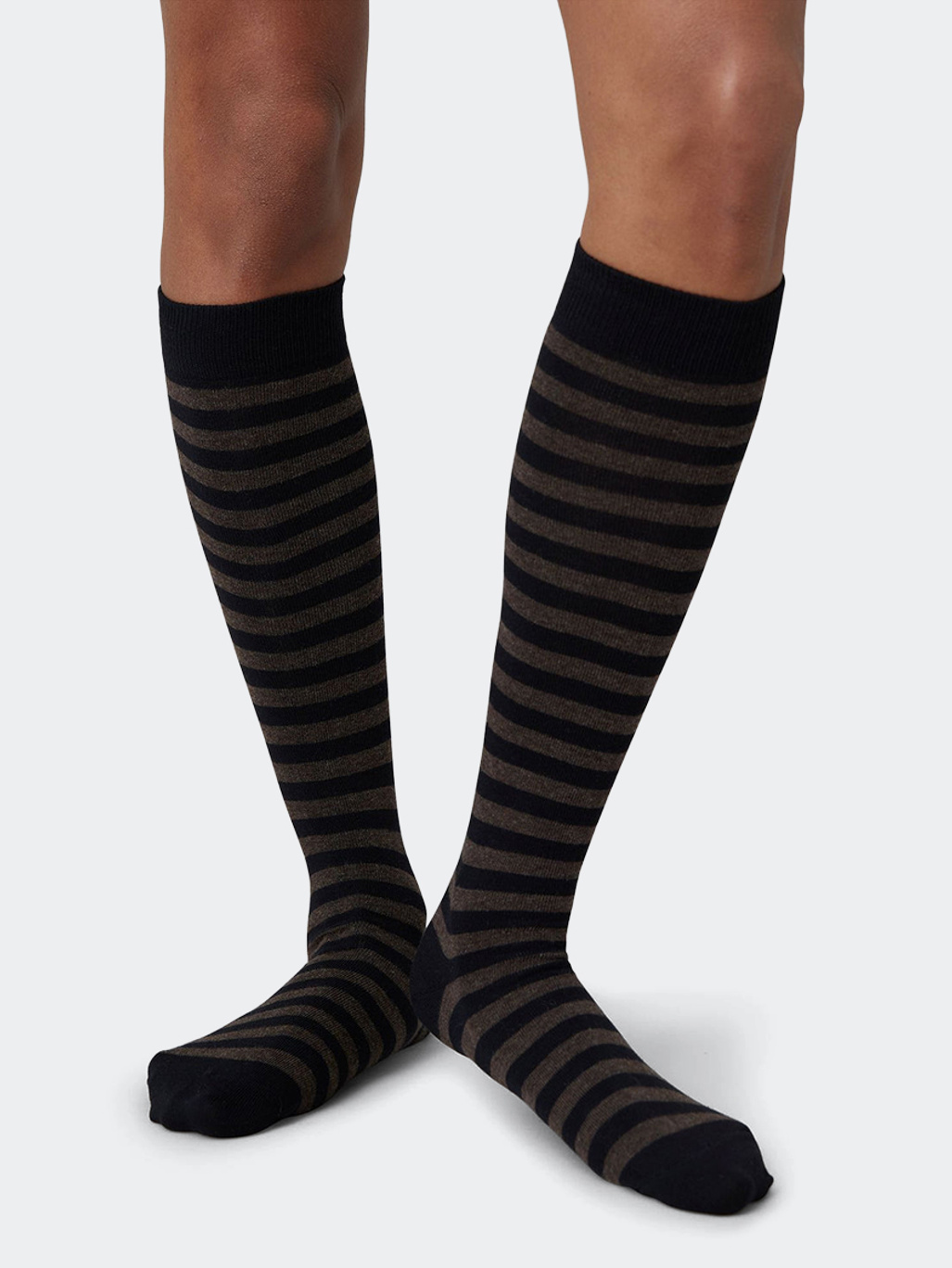 Swedish Stockings Britta Cotton Stripe Knee-Highs Black/Brown