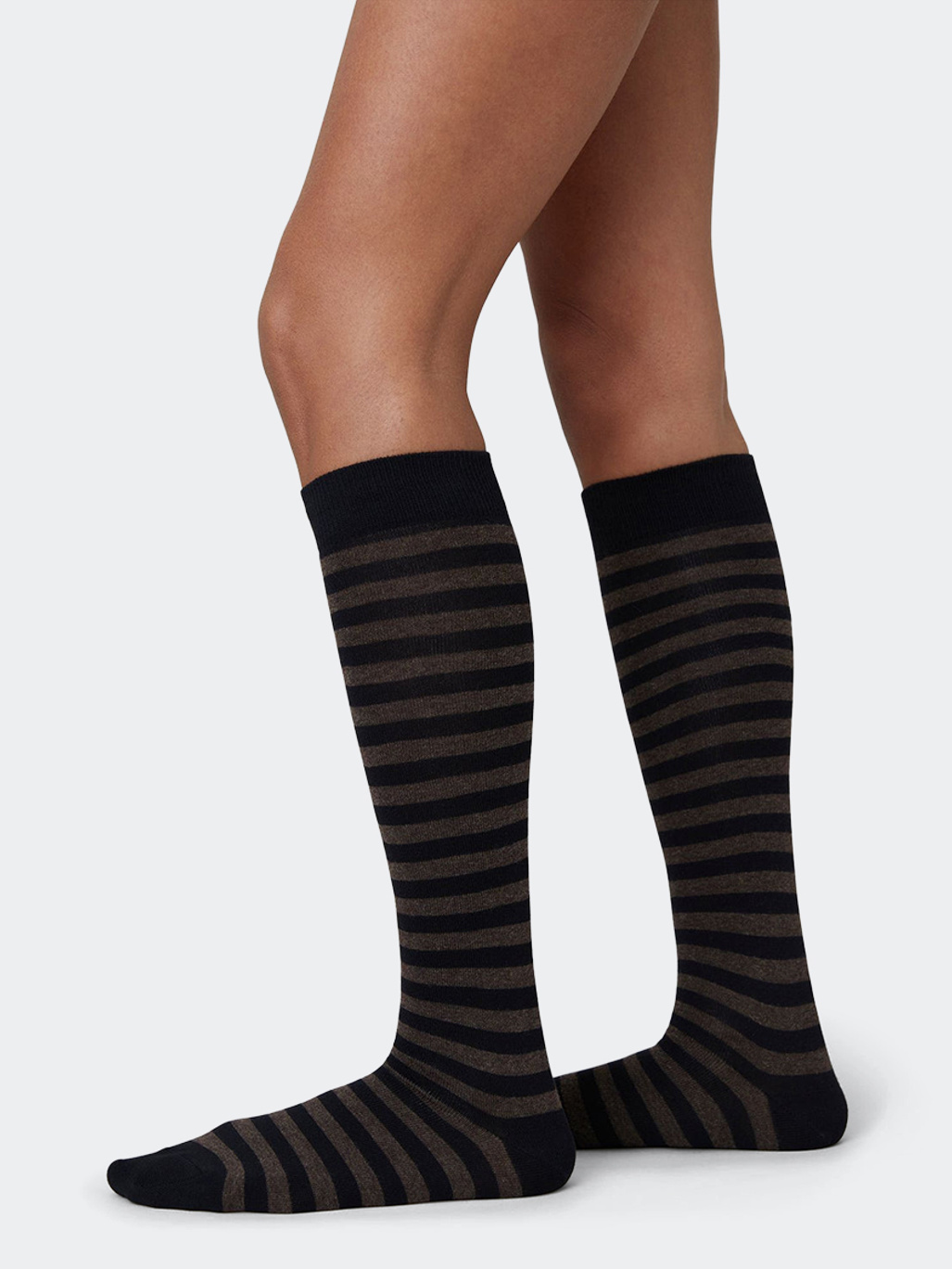Swedish Stockings Britta Cotton Stripe Knee-Highs Black/Brown