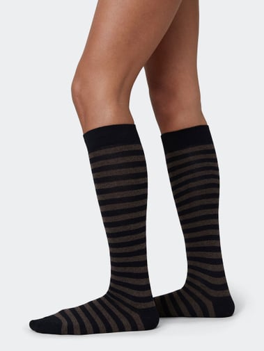 Swedish Stockings Britta Cotton Stripe Knee-Highs Black/Brown